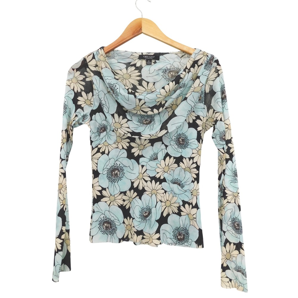 VTG Karen Kane Floral Mesh Cowl‎ Neck Long Sleeve Top Womens Size Medium Y2K